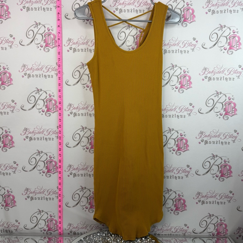 Dress corset lace up back detail Mustard Ribbed Tank Dress with Crisscross Back